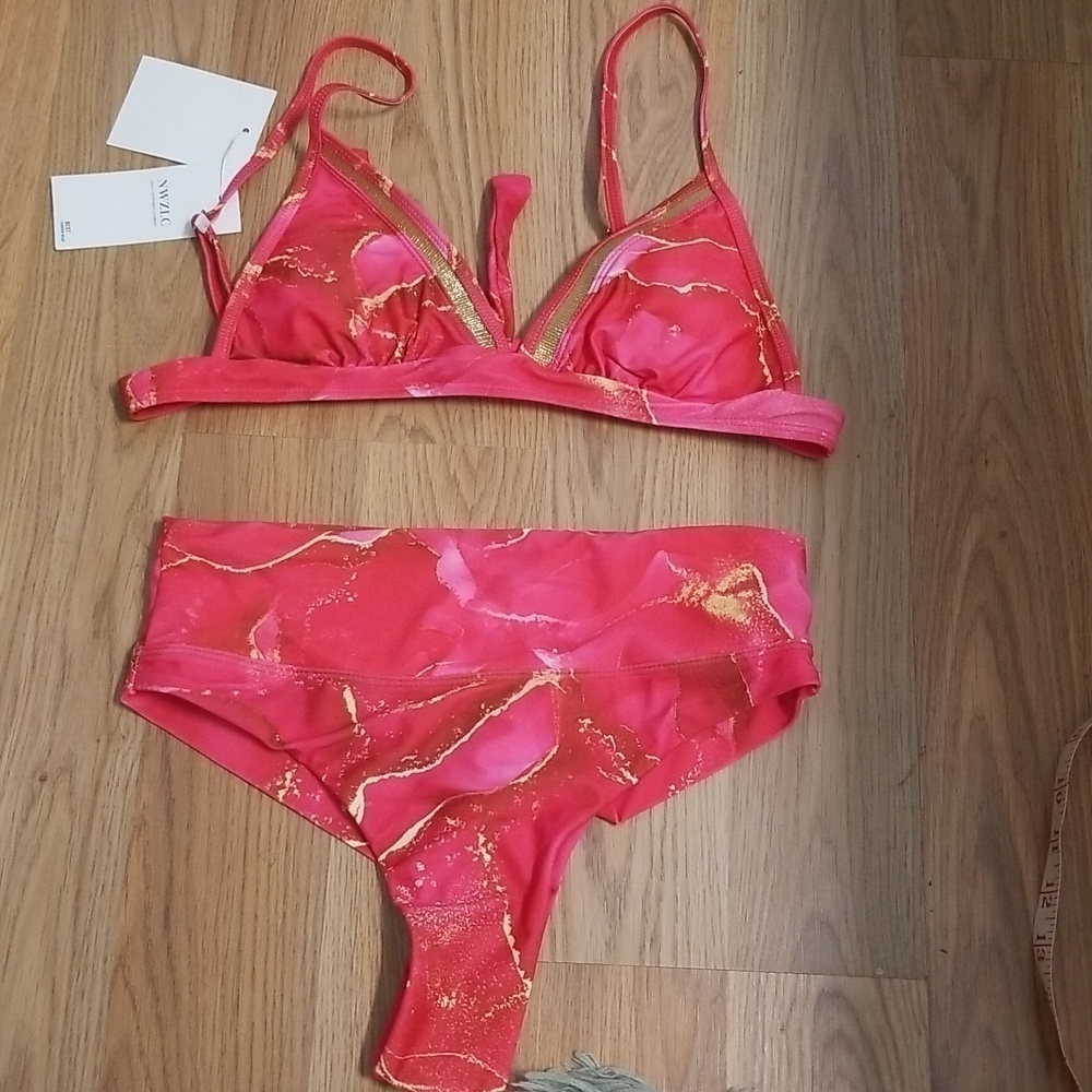 Nwzlc 2 Piece Swimsuit Bikini Top High Rise Gold Orange Marble Print